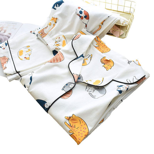 100% Cotton Pyjamas For Women Cute Cat Print Cartoon Home Clothes 2Pcs Set Sleepwear Female Tops+Pants Nighties Pyjama Suit Emporium Discounts