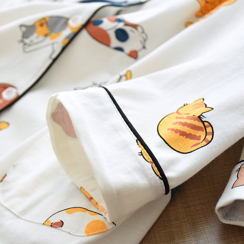 100% Cotton Cute Cat Print Cartoon 2Pcs Set Sleepwear Female Tops and Pants Nighties Pyjama Suit