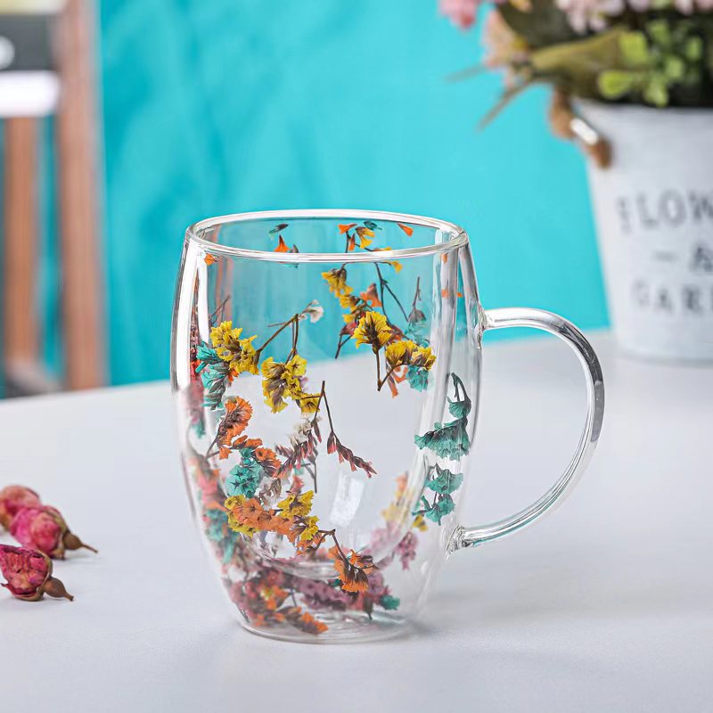 Net Red Dry Flower Double Layer Glass Cup High Beauty Glass Cup High Borosilicate Glass Cup with Handle