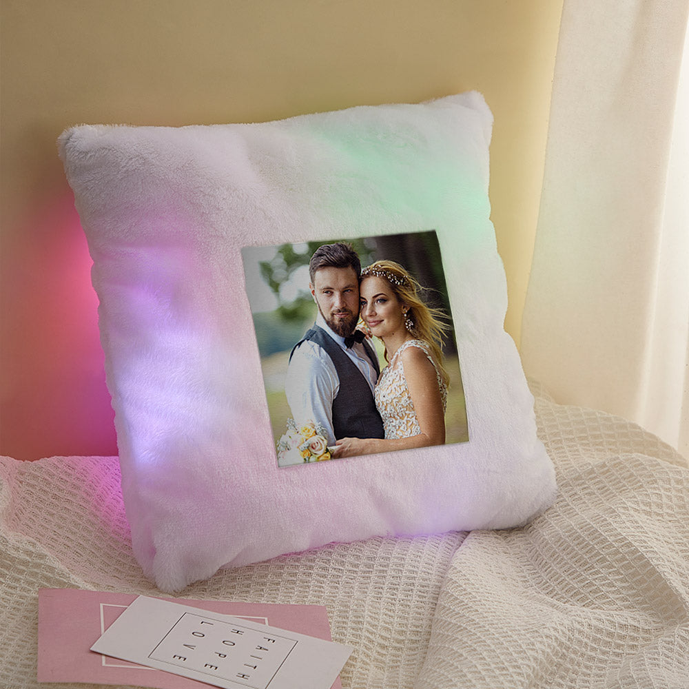 232428431093006339 This soft white pillow is a perfect complement to any décor! Treat your loved one to something truly special, glowing and magical like something from a fairy tale! Customize it with her own image and let the LED light of the pillow make her shine brighter than the stars. Perfect for her bedroom, it comes with its own filler.