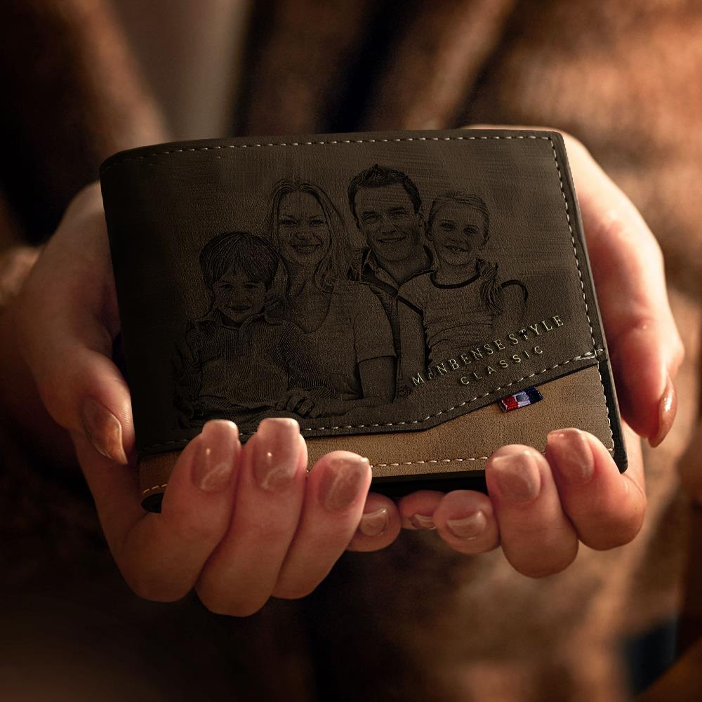 Custom Photo Engraved Wallet Classic Style Leather Wallet For Men  This wallet is a great gift idea for fathers day. Our photo wallet will capture a moment that is gone forever. 