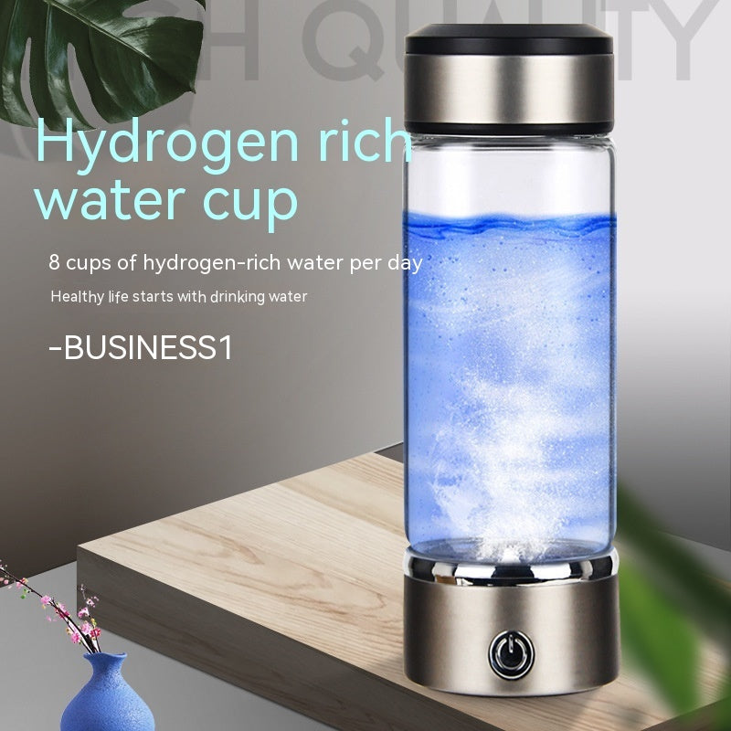 Hydrogen-rich water cup with blue liquid on a wooden surface, text about health benefits.