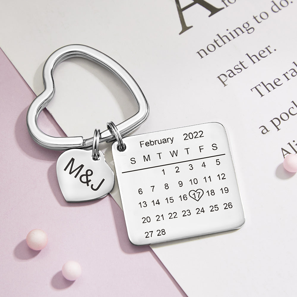 Anniversary Gifts Custom Calendar Keychain Heart Shape Keychain Gift For Lover - Silver