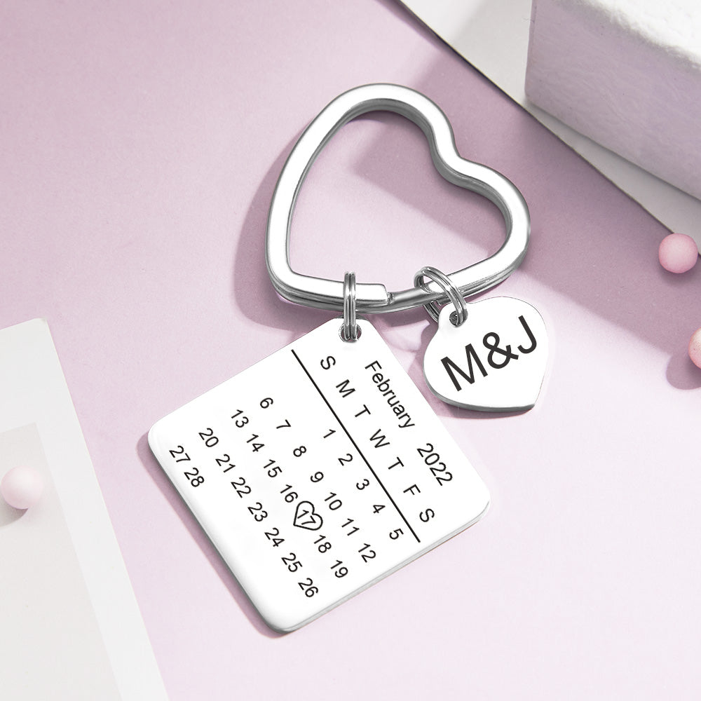 Anniversary Gifts Custom Calendar Keychain Heart Shape Keychain Gift For Lover - Silver