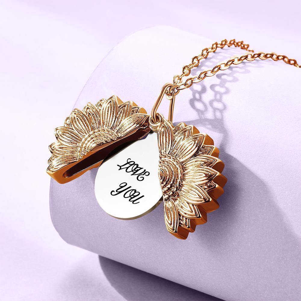 Custom Engraved Text Sunflower Locket Necklace Emporium Discounts