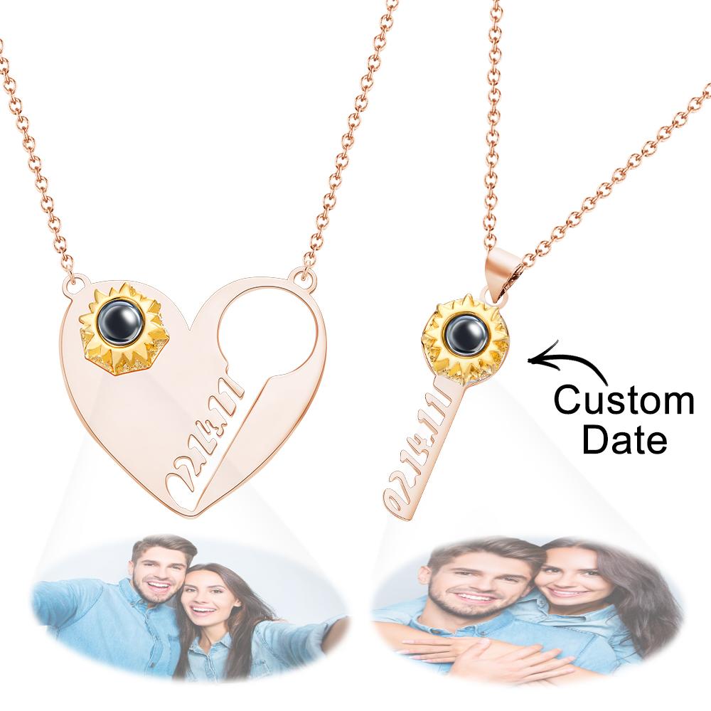 Custom Projection Necklace Personalized Date Key of Heart Couple Necklace Emporium Discounts pink