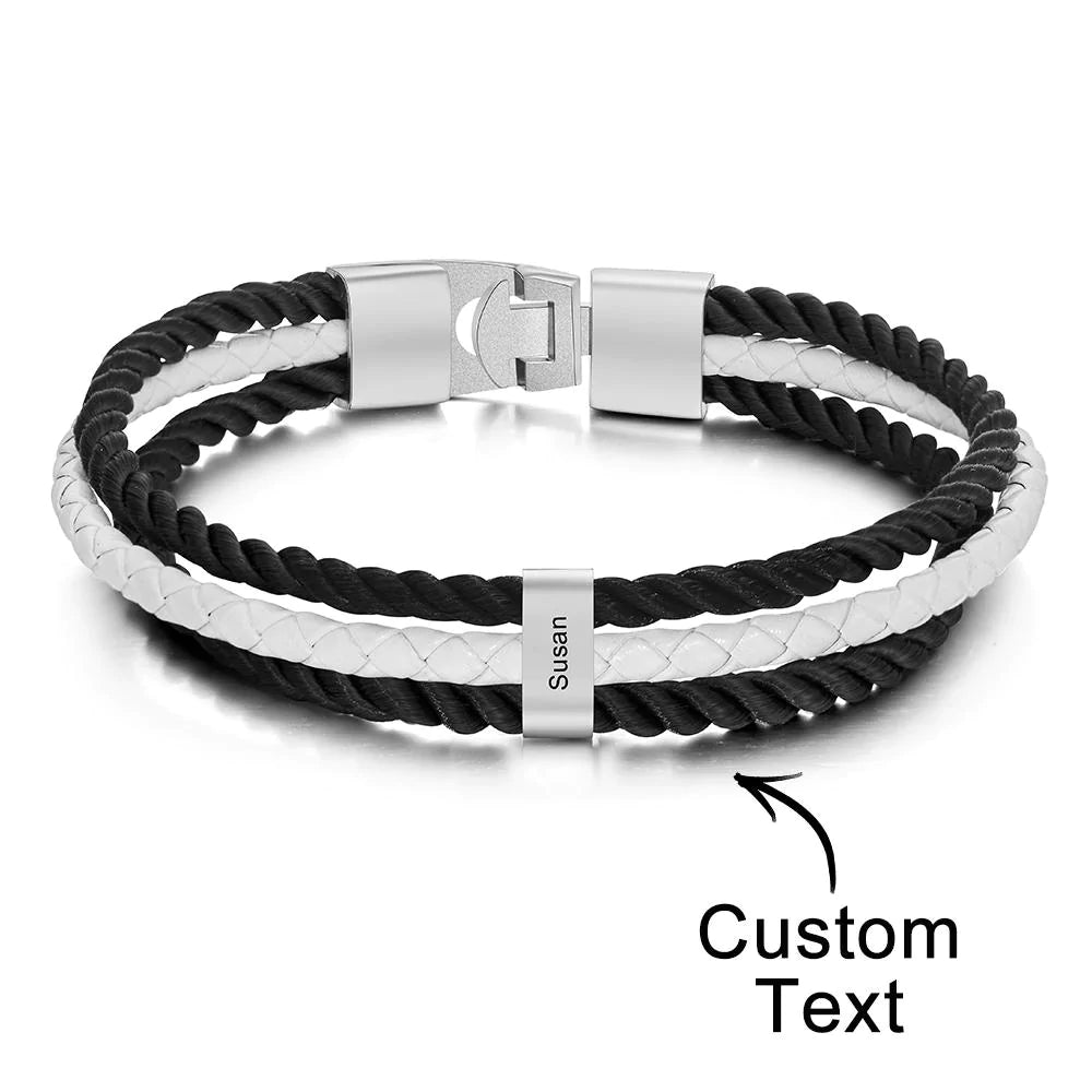Custom Engraved Bracelet Braided Layered Leather Gifts Emporium Discounts Engraved bracelet, Mens gift, Braided leather, Layered design, Customized accessory, Personalized jewelry, Stylish wristband, Unique present, Handcrafted accessory, Custom message, Fashionable bracelet, Trendy mens jewelry, Thoughtful gift
