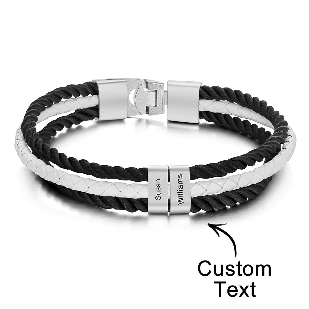 Custom Engraved Bracelet Braided Layered Leather Gifts Emporium Discounts 2 names Engraved bracelet, Mens gift, Braided leather, Layered design, Customized accessory, Personalized jewelry, Stylish wristband, Unique present, Handcrafted accessory, Custom message, Fashionable bracelet, Trendy mens jewelry, Thoughtful gift