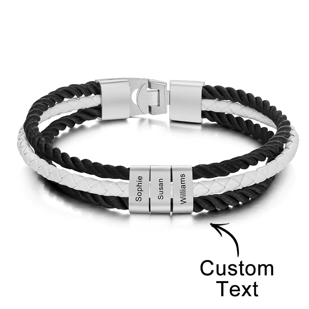 Custom Engraved Bracelet Braided Layered Leather Gifts Emporium Discounts 3 names Engraved bracelet, Mens gift, Braided leather, Layered design, Customized accessory, Personalized jewelry, Stylish wristband, Unique present, Handcrafted accessory, Custom message, Fashionable bracelet, Trendy mens jewelry, Thoughtful gift