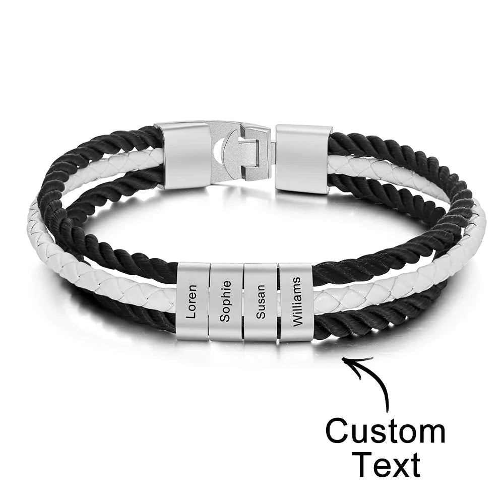 Custom Engraved Bracelet Braided Layered Leather Gifts Emporium Discounts 4 names Engraved bracelet, Mens gift, Braided leather, Layered design, Customized accessory, Personalized jewelry, Stylish wristband, Unique present, Handcrafted accessory, Custom message, Fashionable bracelet, Trendy mens jewelry, Thoughtful gift