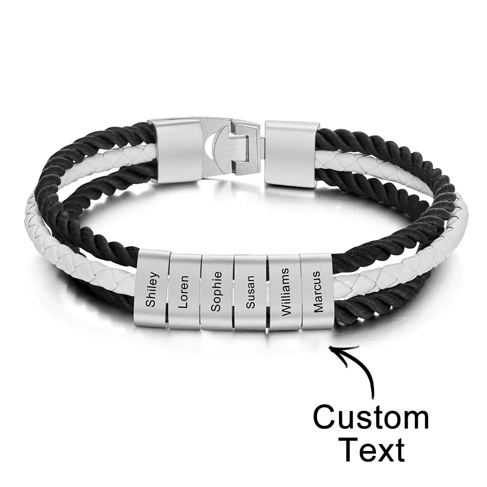 Custom Engraved Bracelet Braided Layered Leather Gifts Emporium Discounts 6 names Engraved bracelet, Mens gift, Braided leather, Layered design, Customized accessory, Personalized jewelry, Stylish wristband, Unique present, Handcrafted accessory, Custom message, Fashionable bracelet, Trendy mens jewelry, Thoughtful gift