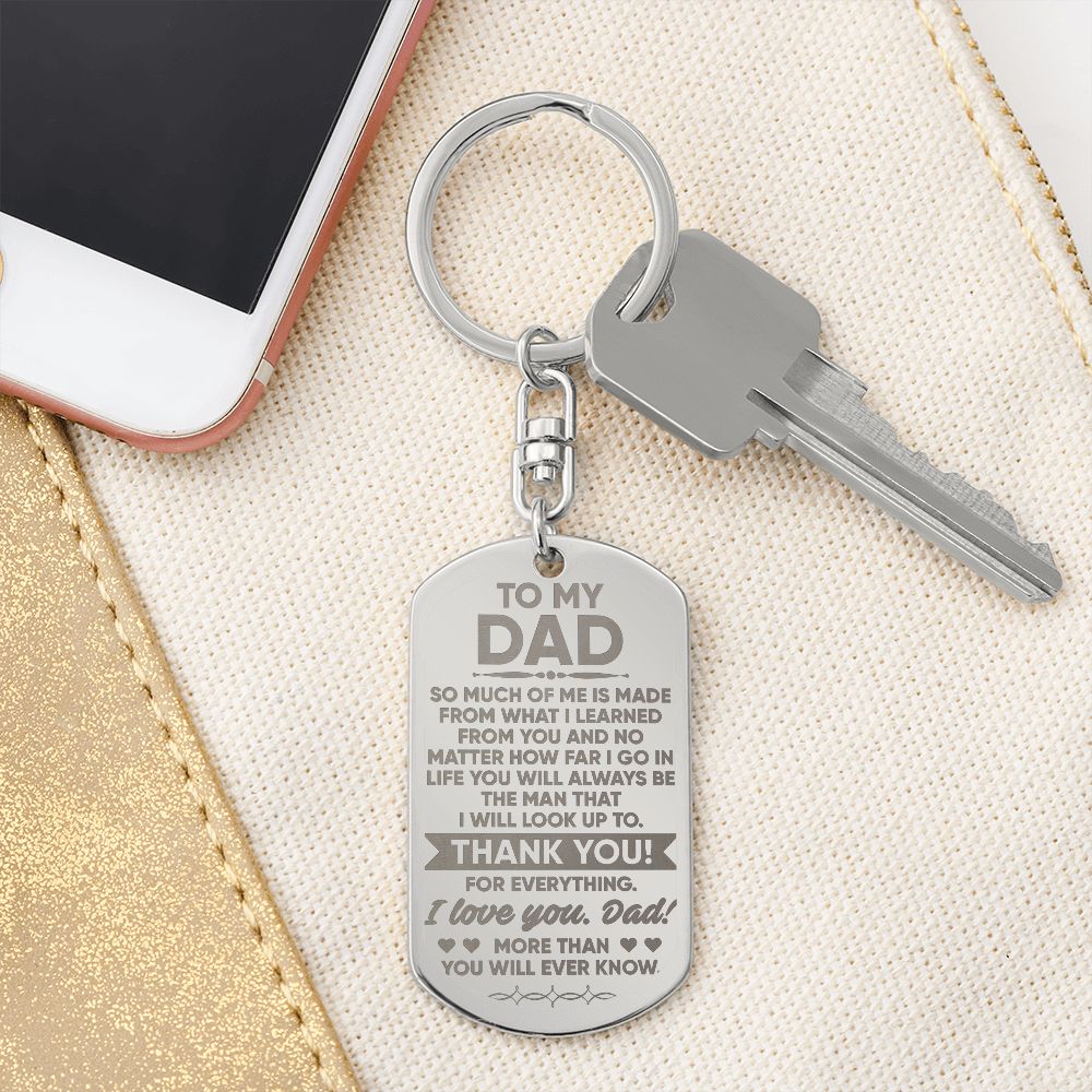 Create a unique keepsake with our Engraved Keychain. This high-quality stainless-steel piece can be customized on the back in a scripted font, with 2 lines of text, up to 20 characters each.  This attractive Engraved Keychain is the perfect gift for your dad on Father's Day or his birthday, keeping their keys safe in one spot!