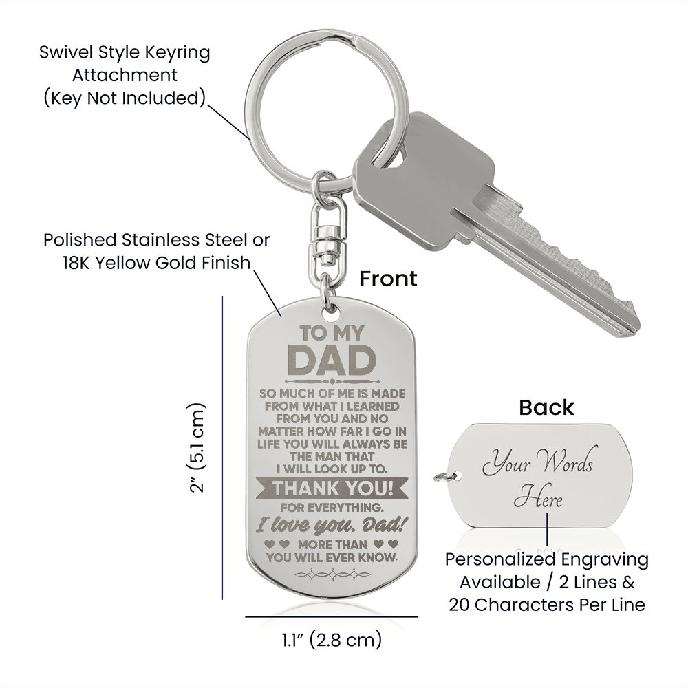 Create a unique keepsake with our Engraved Keychain. This high-quality stainless-steel piece can be customized on the back in a scripted font, with 2 lines of text, up to 20 characters each.  This attractive Engraved Keychain is the perfect gift for your dad on Father's Day or his birthday, keeping their keys safe in one spot!