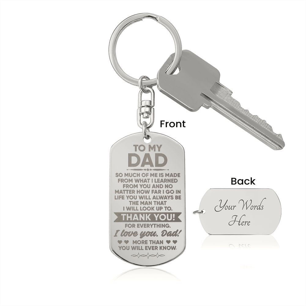 Create a unique keepsake with our Engraved Keychain. This high-quality stainless-steel piece can be customized on the back in a scripted font, with 2 lines of text, up to 20 characters each.  This attractive Engraved Keychain is the perfect gift for your dad on Father's Day or his birthday, keeping their keys safe in one spot!