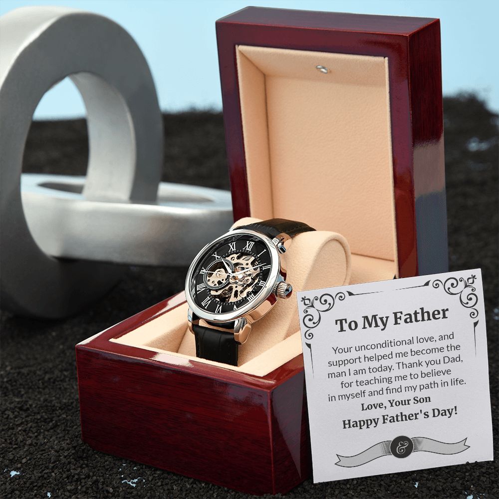 Make this Father's Day one to remember with the classic and stylish Men's Openwork Watch. With its sleek design and comfortable fit, this timeless accessory is sure to be a welcome addition to your father's wardrobe. Surprise your dad with a gift that speaks to just how much your love and appreciate him.