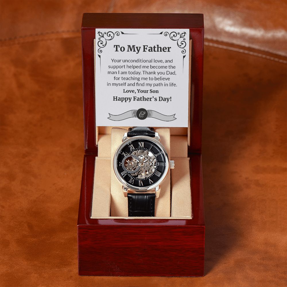 Make this Father's Day one to remember with the classic and stylish Men's Openwork Watch. With its sleek design and comfortable fit, this timeless accessory is sure to be a welcome addition to your father's wardrobe. Surprise your dad with a gift that speaks to just how much your love and appreciate him.