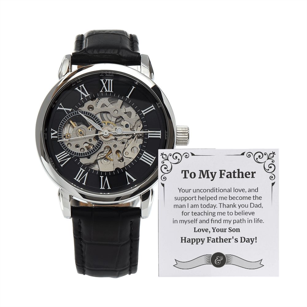 Make this Father's Day one to remember with the classic and stylish Men's Openwork Watch. With its sleek design and comfortable fit, this timeless accessory is sure to be a welcome addition to your father's wardrobe. Surprise your dad with a gift that speaks to just how much your love and appreciate him.