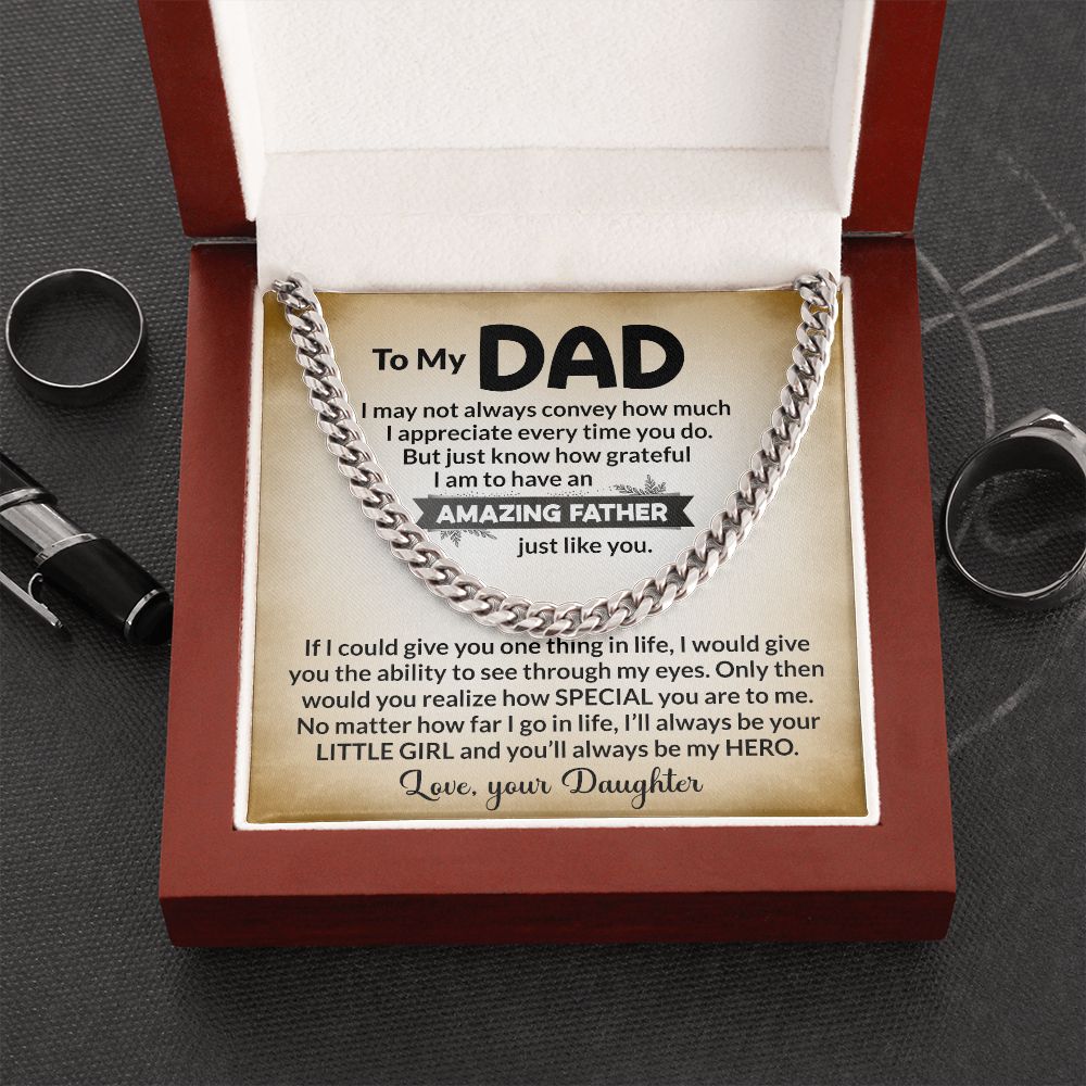 Surprise your dad this Father's Day with this chain and message- "To My Amazing Dad Love Your Daughter". The stylish design features a heartfelt message that will warm his heart. Show your dad how much you appreciate him with this thoughtful gift.