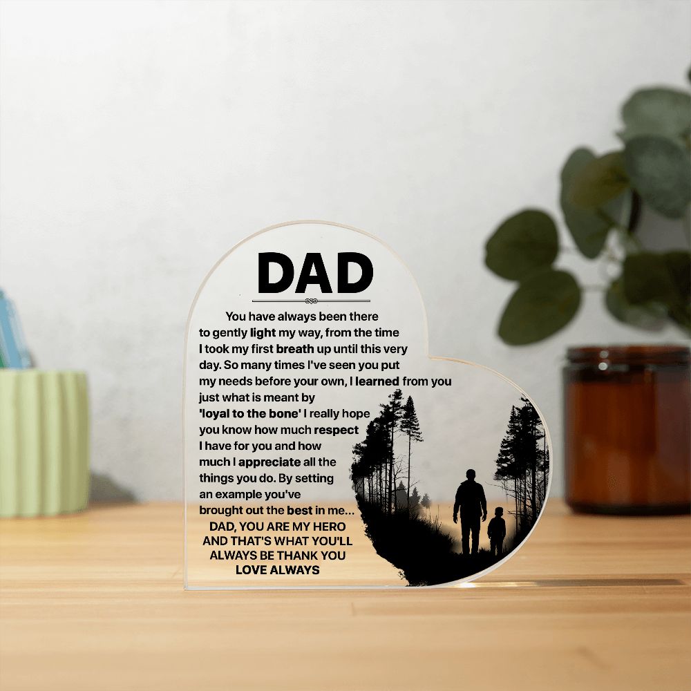 Show your dad how much you care with our Printed Heart Shaped Acrylic Plaque!  Crafted with precision and care, this stunning piece of art is a perfect expression of your heartfelt emotions.