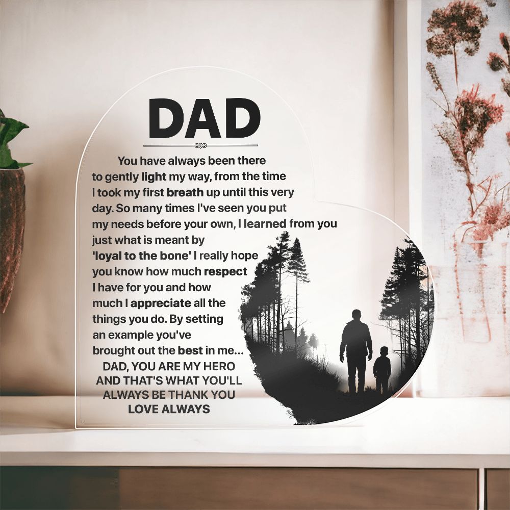 Show your dad how much you care with our Printed Heart Shaped Acrylic Plaque!  Crafted with precision and care, this stunning piece of art is a perfect expression of your heartfelt emotions.