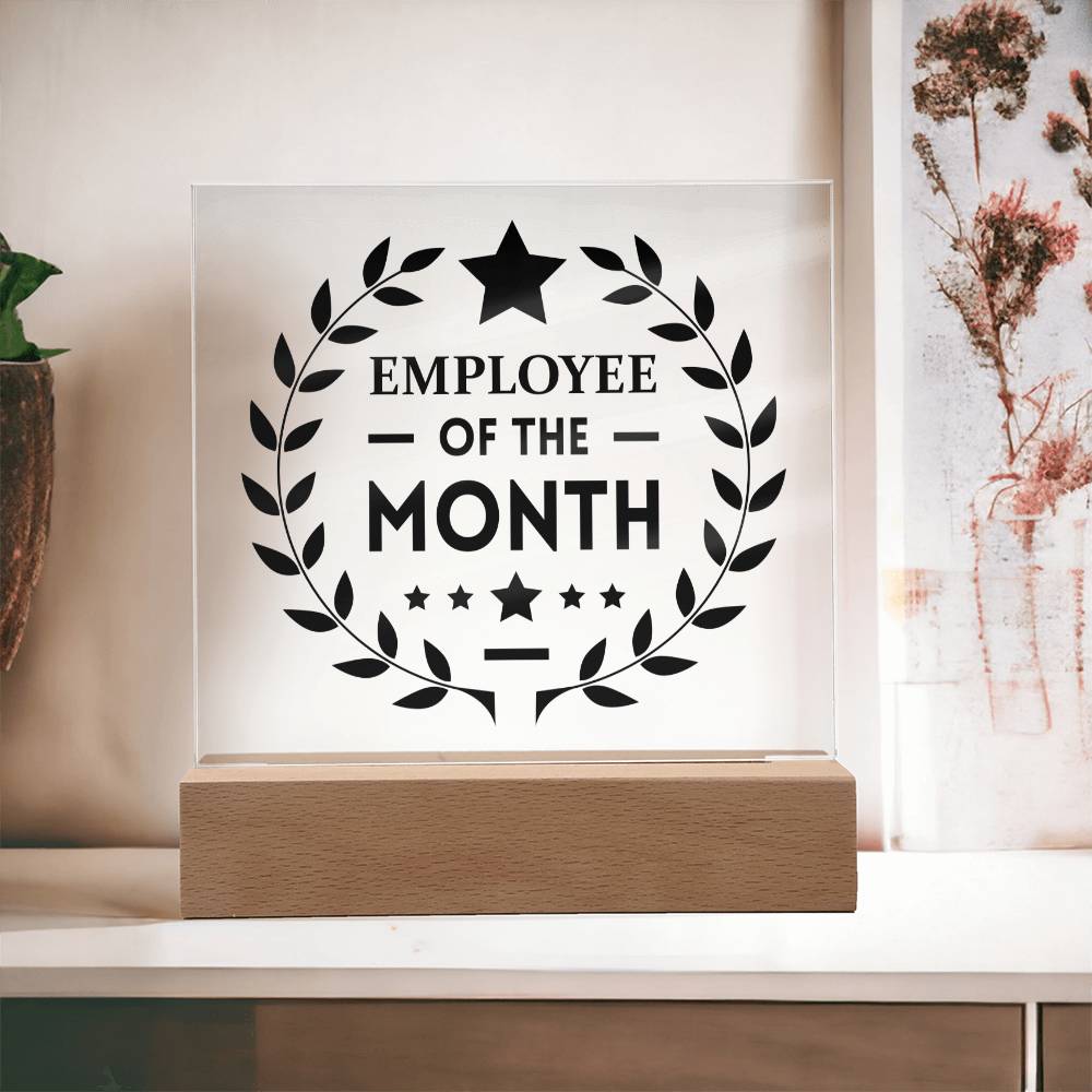 Employee Of The Month Acrylic Plaque. Reward your best employees with this Employee Acrylic Plaque. This award-winning plaque is made of high-quality, lightweight acrylic that won't fade over time. It's a great way to show your employees how much you appreciate their hard work.