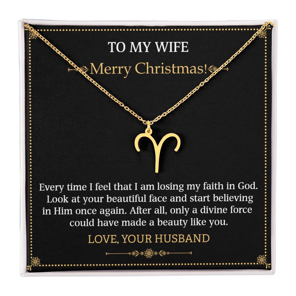 To My Wife, Merry Christmas  Every time I feel that I am losing my faith in God. Look at your beautiful face and start believing in Him once again. After all, only a divine force could have made a beauty like you. Love, your Husband