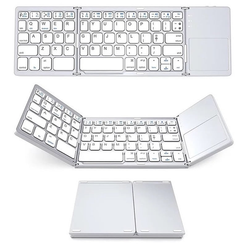Check out our Portable Bluetooth Keyboard with Touchpad for quick and easy typing! USB rechargeable, it can fold up for convenient storage. Plus, media control keys make entertainment device management a breeze. Perfect for travels!
