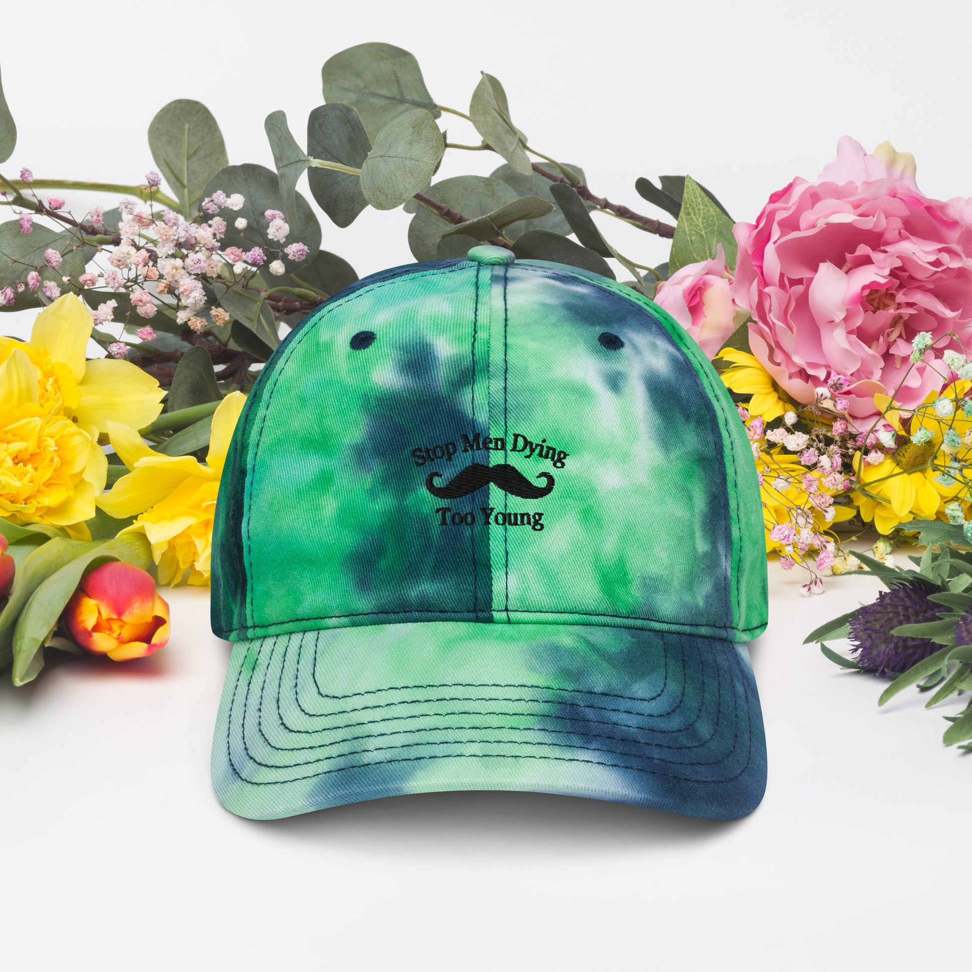 Tie dye hat Stop Men Dying Too Long Front & Back Growing Stronger Emporium Discounts