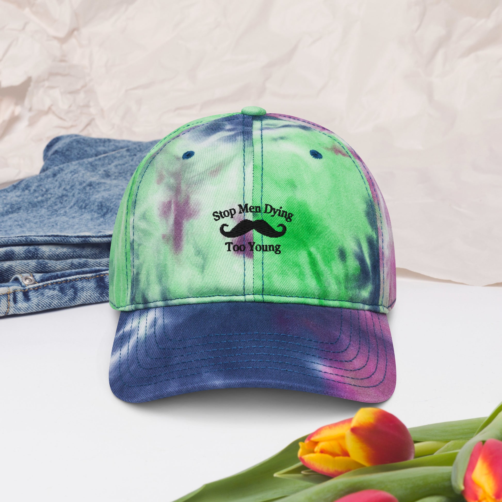 Tie dye hat Stop Men Dying Too Long Front & Back Growing Stronger Emporium Discounts