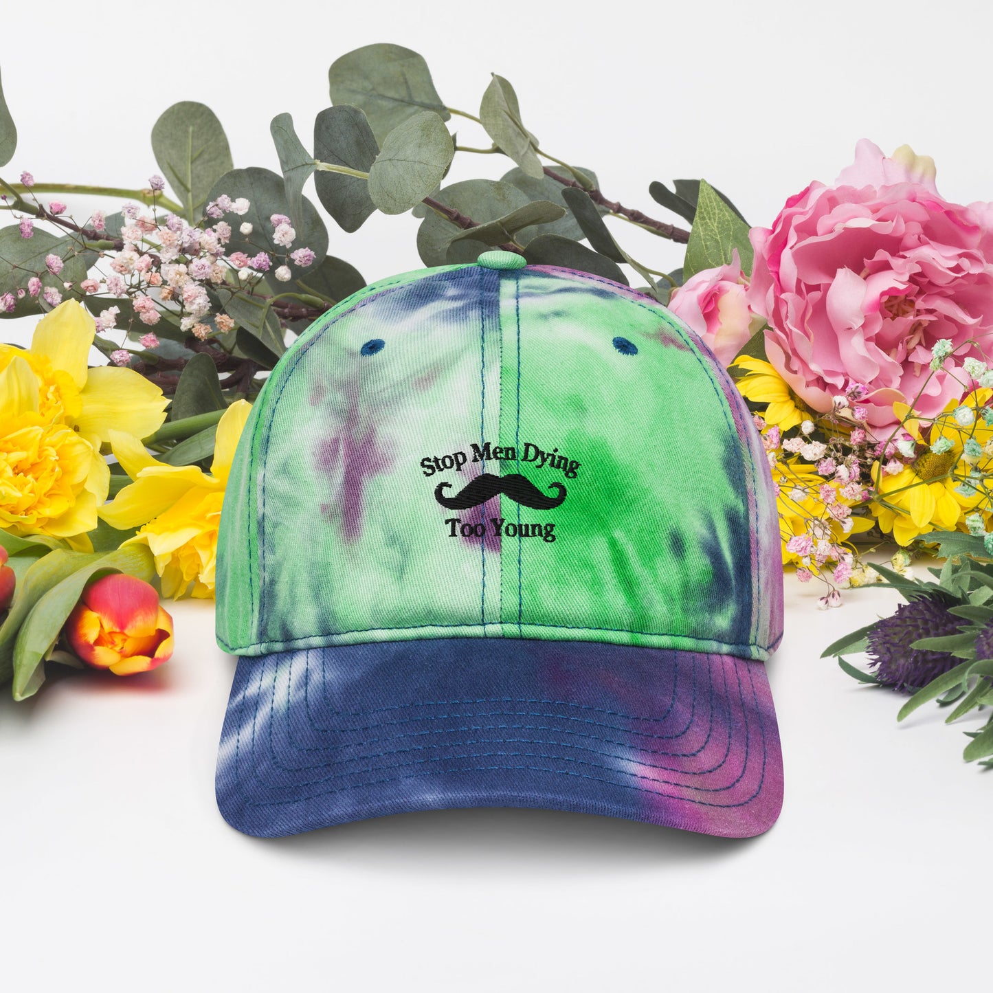 Tie dye hat Stop Men Dying Too Long Front & Back Growing Stronger Emporium Discounts