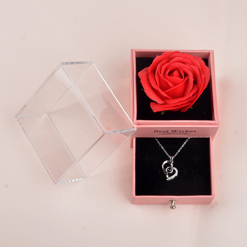 Rose Flower Necklace Gift Box Amazon Valentine's Day Gift Jewelry Box Acrylic Drawer Flower Box Send Necklace