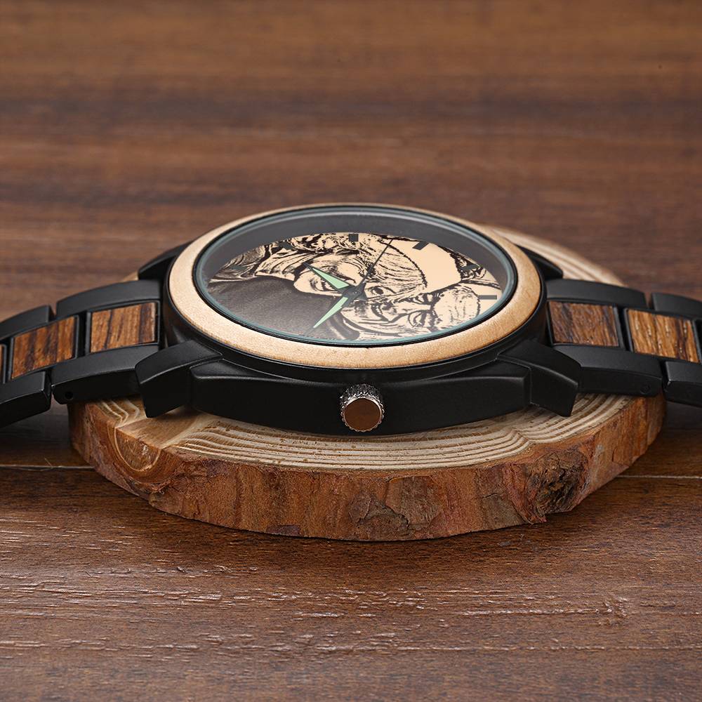 Personalized Engraved Photo Watch with Wood Strap 45mm Emporium Discounts