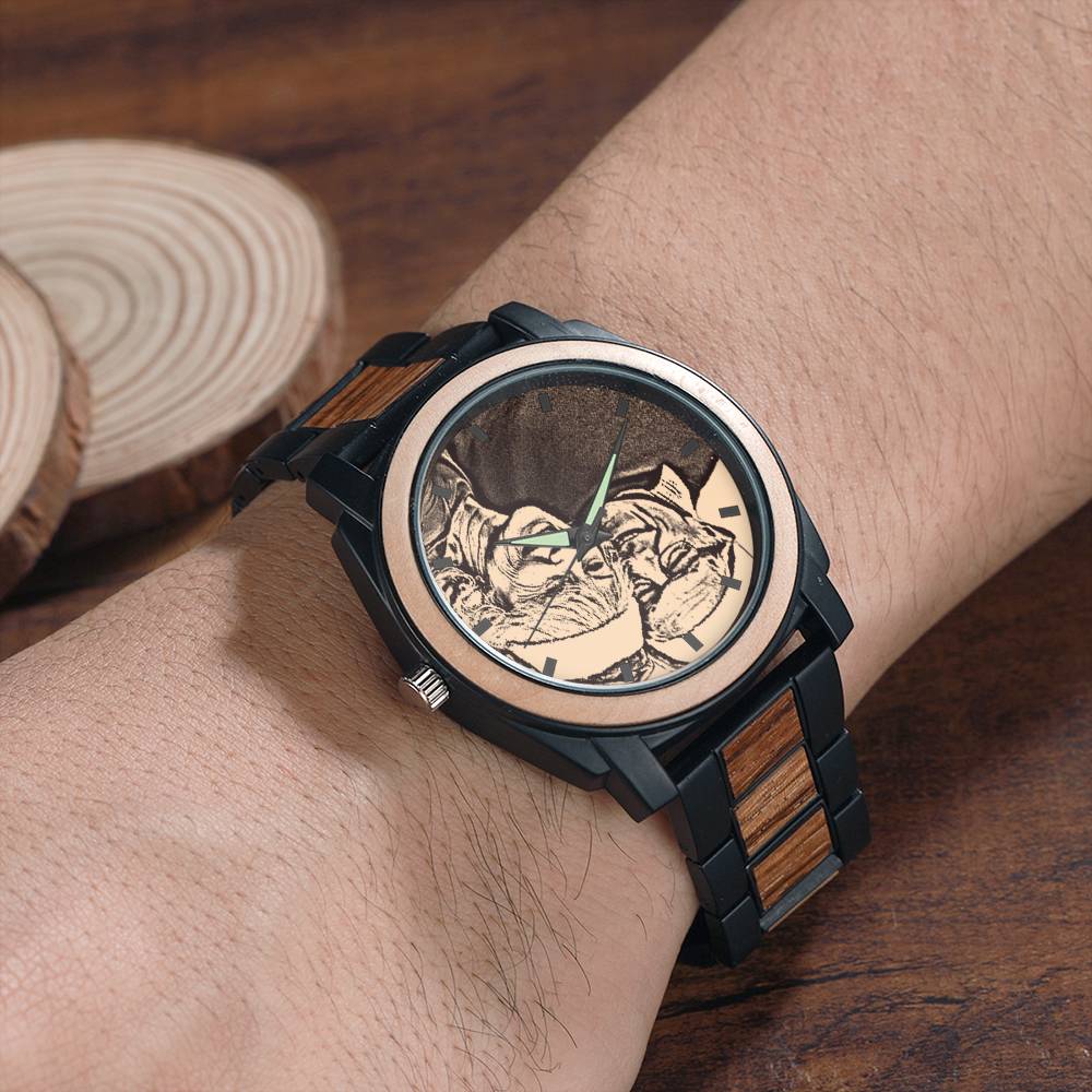 Personalized Engraved Photo Watch with Wood Strap 45mm Emporium Discounts