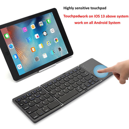 Check out our Portable Bluetooth Keyboard with Touchpad for quick and easy typing! USB rechargeable, it can fold up for convenient storage. Plus, media control keys make entertainment device management a breeze. Perfect for travels!