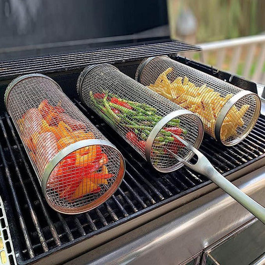 Rolling Grilling Basket Metal BBQ Barbecue Basket Net Portable Outdoor Camping Barbecue Rack Kitchen Gadgets Emporium Discounts