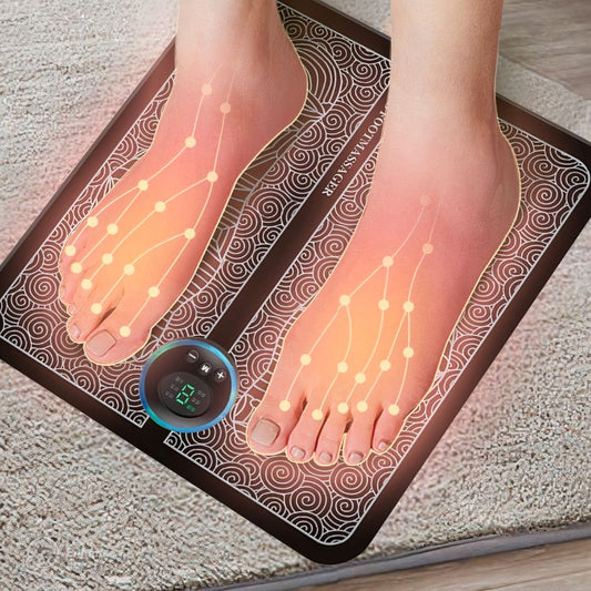 Experience the EMS Foot Massager: a modern solution for tackling cramps, swollen ankles, rigidity, and aches in your feet. This device uses electric pulses to quickly improve blood flow, diminish varicose veins, and provide your legs with a revitalizing lightness.