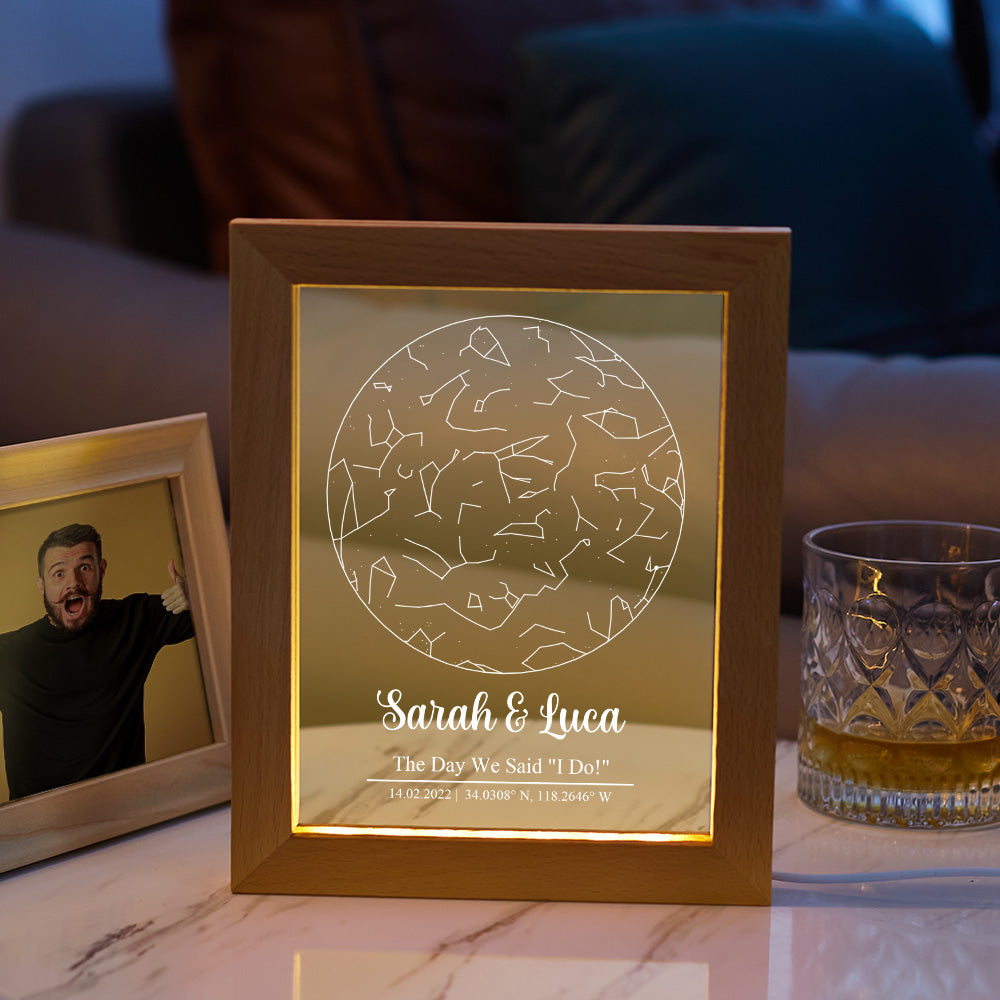 Custom Engraved Star Map Print Constellation Print Night Light with Wood Frame Emporium Discounts