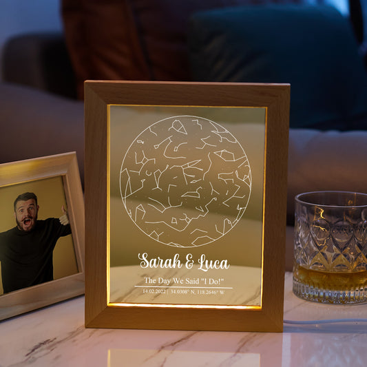 Custom Engraved Star Map Print Constellation Print Night Light with Wood Frame Emporium Discounts