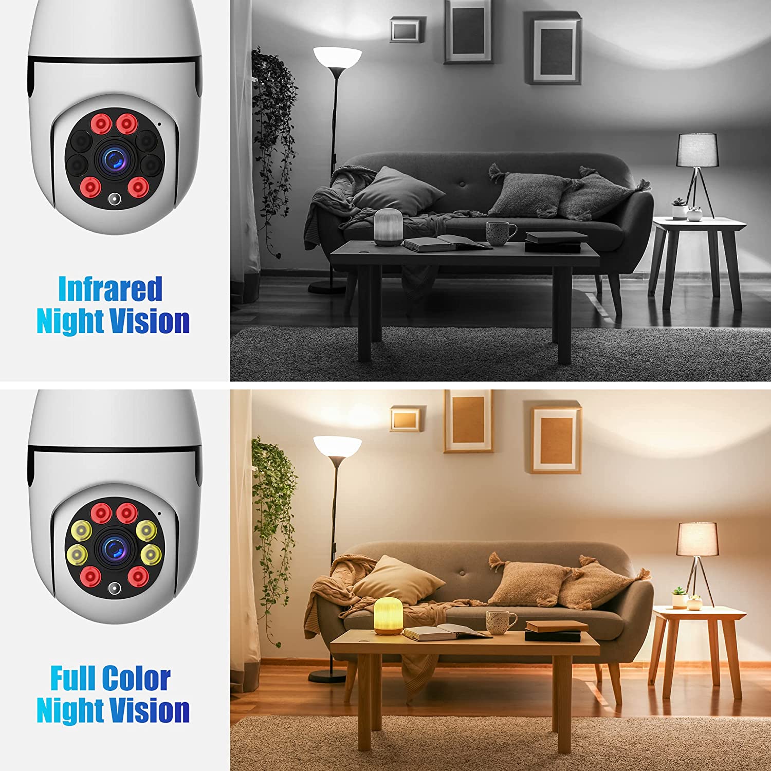 Introducing the Night Vision Security Camera! Perfect for home/office/warehouse/store security monitoring, it's a compact & easy-to-install light bulb camera. No hole drilling needed; just set it up and watch the baby, kids, spouse, & Grandma - all from your phone!