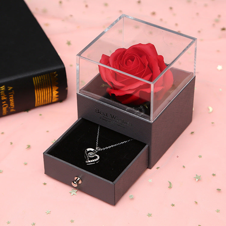 Rose Flower Necklace Gift Box Amazon Valentine's Day Gift Jewelry Box Acrylic Drawer Flower Box Send Necklace