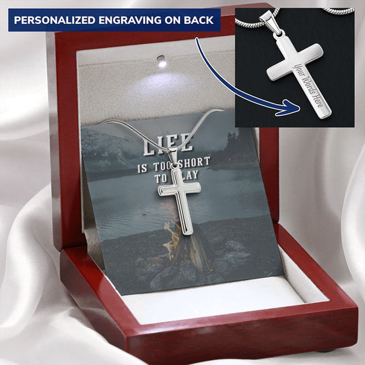 Personalized Cross Necklace Engraving on the back Emporium Discounts box light