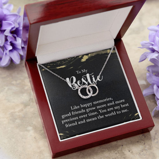 To My Bestie Necklace • 14K white gold over stainless steel  • Large circle embellished with 20 CZ crystals  • Total pendant width: 0.8" (20 mm)  • Length: 18" (46 cm) + 2" (6 cm) extension  • Parrot clasp attachment. Emporium Discounts